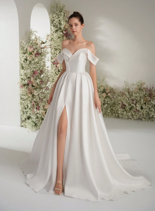 Etereo Abito da Sposa Reale in Raso A-Line con Scollatura a Spalle Scoperte